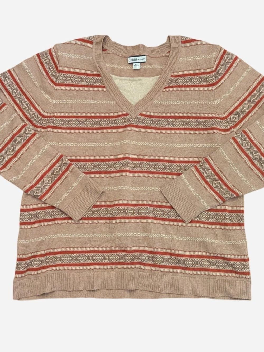 croft & barrow Tan V-Neck Striped Sweater with Rust Accents